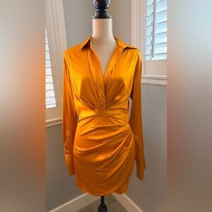 Luxxel Satin Wrap-Front Long Sleeve Dress in Amber